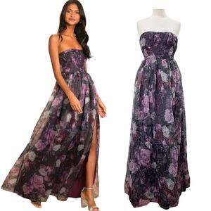 Lulus XS Bustier Strapless Maxi Dress Corset Purple Floral Fairy Prom Formal